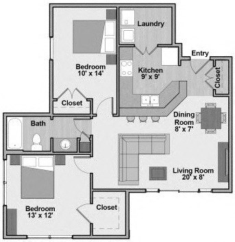 Floor plan for 2 beds, 1 bath, 912 sqft